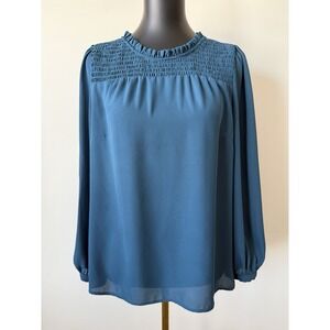 Talbots Womens L Smocked Yoke Blouse Peacock Blue Long Sleeve  Ruffle Neck